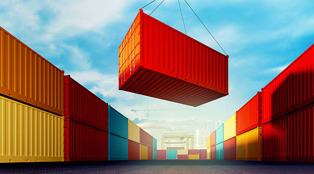 Loading container 3d rendered illustration of an industrial port with containers. Loading container container stock pictures, royalty-free photos & images