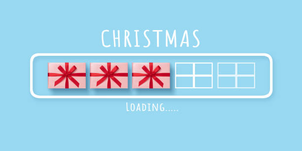 Loading progress bar with pink gift boxes on blue isolated background 2020, Christmas, New Year, Downloading, Loading bar with pink gift boxes and red ribbons on blue isolated background countdown stock pictures, royalty-free photos & images