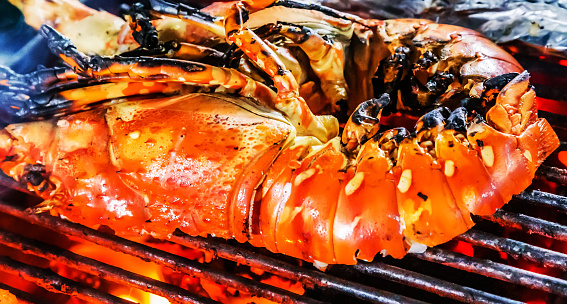 Lobster Cooking Barbecue Fire Grill Closeup Stock Photo ...
