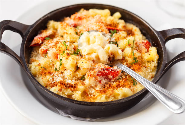 Lobster Macaroni and Cheese in a Cast Iron Skillet stock photo