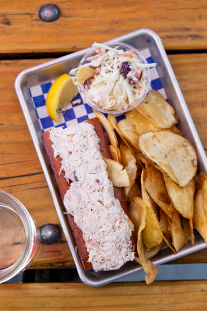 Lobster Roll in a Tin Tray Flat Lay stock photo