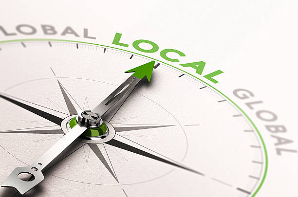 Local Business or Service 3D illustration of a compass with needle pointing the word local business. Concept of an ethical economy homegrown produce stock pictures, royalty-free photos & images