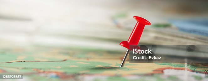 istock Location marking with pin on map. Travel and journey concept. 1285925657