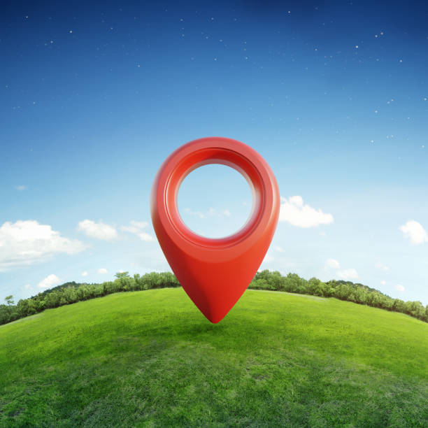 Location pin icon on earth and green grass in Geographic Information System concept. stock photo