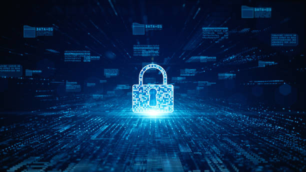 Lock Icon cyber security of digital data network protection. High speed connection data analysis. Technology data network conveying connectivity background concept. stock photo