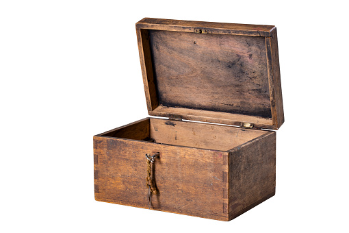 Lockable old wooden box. Container for storing small items with an open lid. Isolated background.