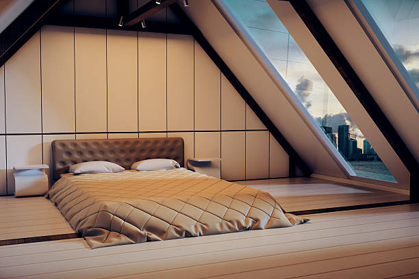 loft schlafzimmer innenausstattung - dachfenster stock-fotos und bilder