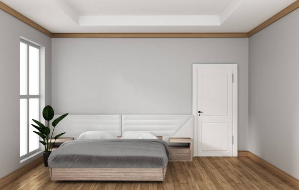 Dormitorio Loft interior con fondo de hormigón moldeado, diseños minimalistas. renderizado en 3D - foto de stock