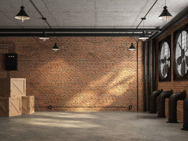 Loft space empty room with orange brick wall 3d render Loft space empty room 3d render,There are orange brick wall. With concrete floor and ceiling The wall has a large black ventilation fan. At the ceiling, there are plumbing pipes and wires loft apartment stock pictures, royalty-free photos & images