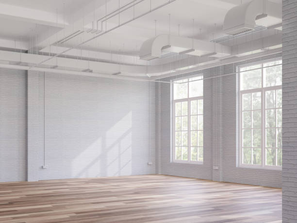 Loft style interior space 3d render Loft style interior space 3d render,There are white brick walls,wooden floors the ceiling shows the ducts of the air conditioning system, with large windows overlooking nature view. loft apartment stock pictures, royalty-free photos & images