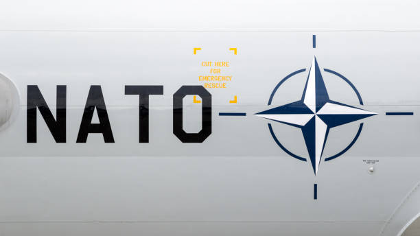 NATO logo and marking on a AWACS Radar Plane NATO text and logo on a AWACS E-3 Sentry radar plane at it's homebase Geilenkirchen airbase. 2017, July 2 nato  stock pictures, royalty-free photos & images