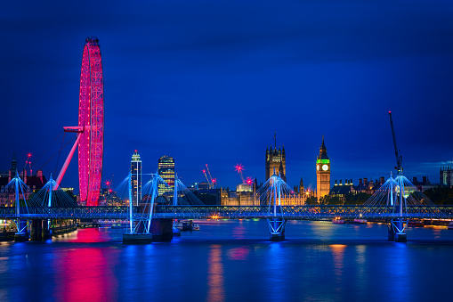 London panorama of Millenium wheel, Big Ben with the Houses of Parliament and Hungerford and Golden Jubilee bridges over river Thames at dusk.