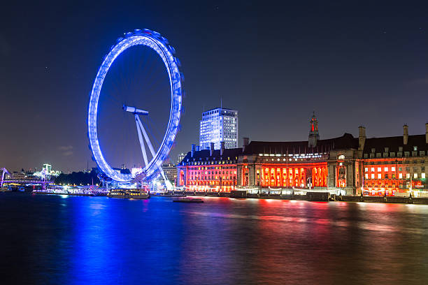 London Cityscape with Millennium Wheel at Night stock photo