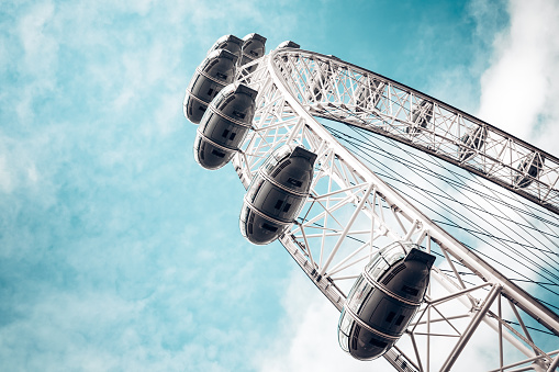 London, UK - October 26, 2013: Detail of London Eye (London, UK). Millenium Eye is the world's largest wheel, 135 meters high and 120 meters wide in diameter.