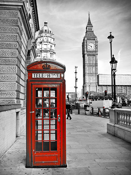 London impression Red telephone box and Big Ben in London, UK. red telephone box stock pictures, royalty-free photos & images
