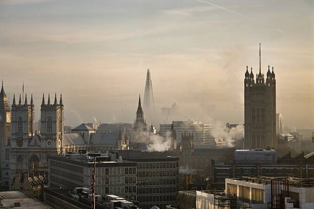 London Skyline on a fresh morning Landscape photo looking out over the buildings, to the Shard, Westminster and Big Ben - steam rising form the buildings. air pollution stock pictures, royalty-free photos & images