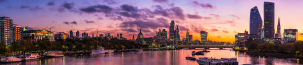 London sunrise over St Pauls Cathedral City skyscrapers Thames panorama stock photo