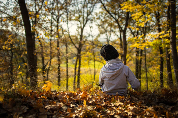 lonely boy sitting among the leaves in the autumn forest from behind stock photo