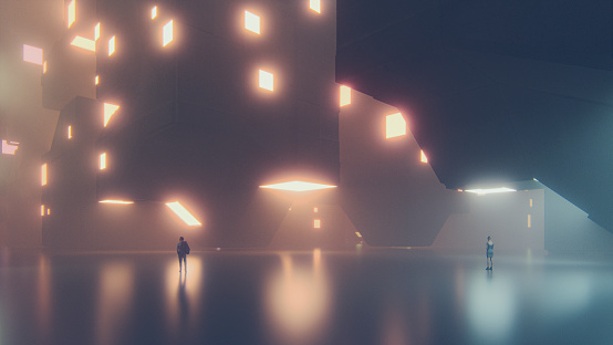 Lonely people in big, empty futuristic city. This is entirely 3D generated image.