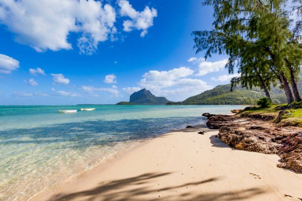 lonely tropical beach on mauritius island, africa stock photo