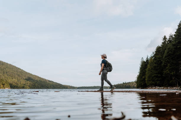 Lonely woman hiking in Acadia National Park stock photo