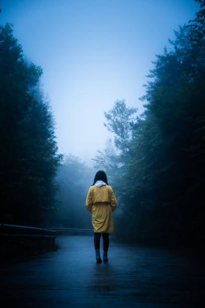 Lonely woman is walking on fog road stock photo