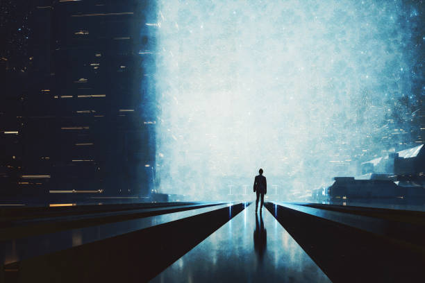Lonely woman walking in futuristic city at night stock photo