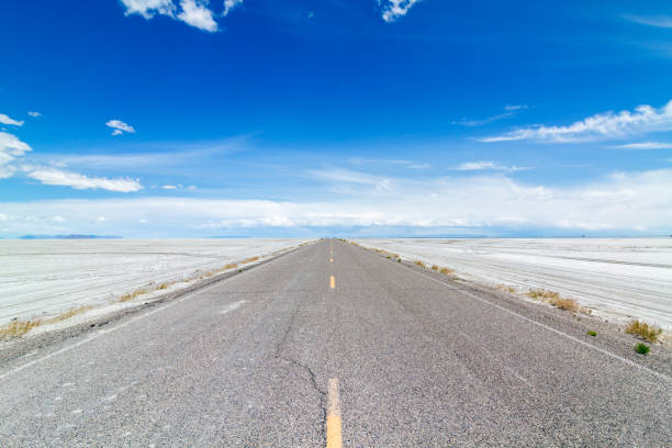 Long and isolated straight road stock photo