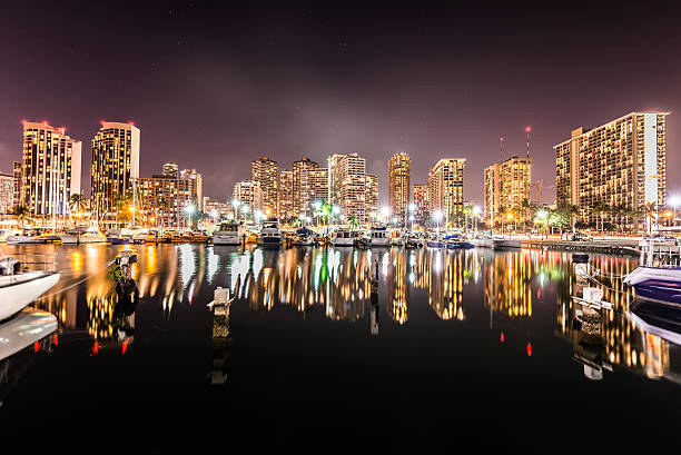 Long exposure of Honolulu and Waikiki skyline stock photo