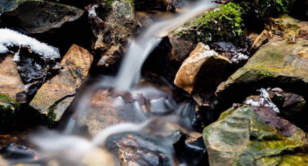 Photo of Long exposure of water running over mossy rocks