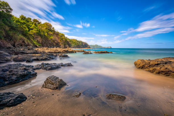 Long exposure, pacific ocean waves on rock in Playa Ocotal, El Coco Costa Rica stock photo