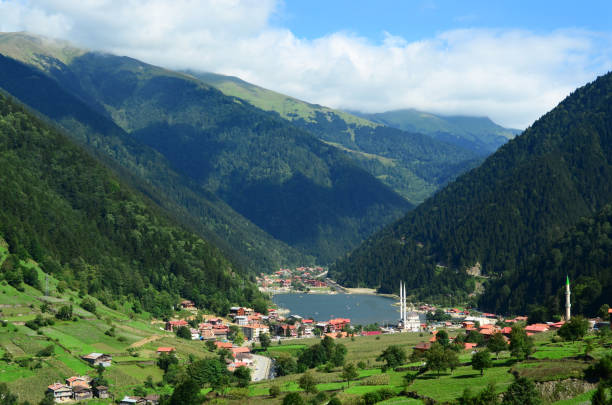 Long lake and town Uzungol/Trabzon ,Turkey stock photo