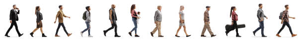 Long line of different profile people walking Long line of different profile people walking isolated on white background waiting in line photos stock pictures, royalty-free photos & images