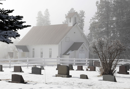 McCall Idaho, USA - November 24, 2020: Establish in 1917, the Long Valley Finnish Church and grave yard sits just south of McCall, idaho on Farm to Market Road.