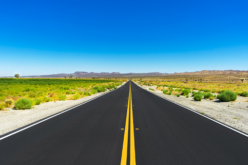 Long varnishing point road in the Mojave Desert with black asphalt and clear blue sky.