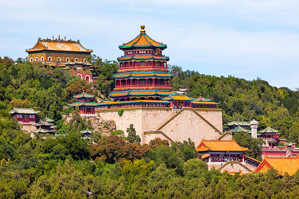 Longevity Hill Tower Orange Roofs Summer Palace Beijing China stock photo