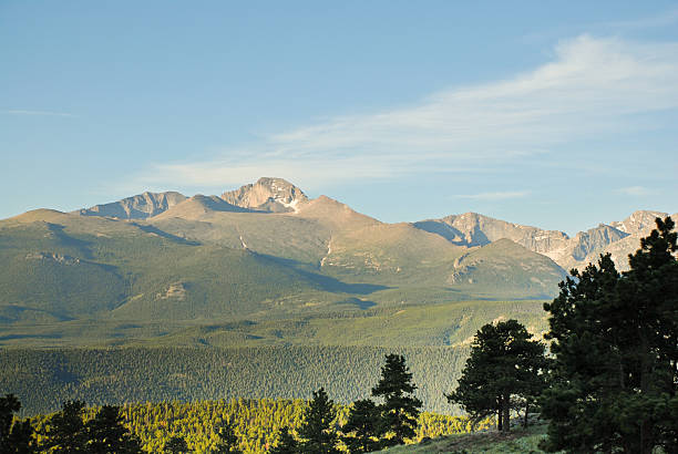 Long's Peak from Trail Ridge Road at Sunrise Longs Peak was named in honor of explorer Stephen Harriman Long and is featured on the Colorado state quarter. At 14,259 feet above sea level, the mountain can be seen from a wide area. This photograph of Longs Peak at sunrise was taken from Trail Ridge Road in Rocky Mountain National Park, Colorado, USA. jeff goulden rocky mountain national park stock pictures, royalty-free photos & images