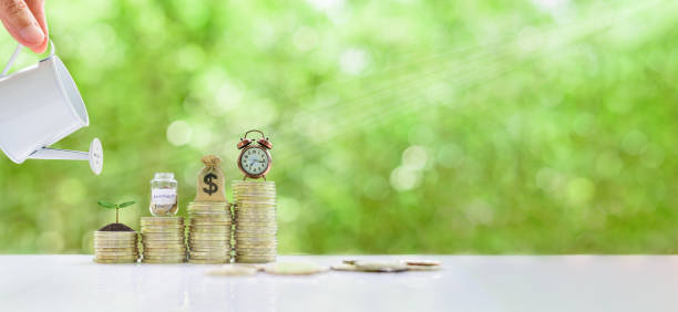 ロングテルン投資、お金の概念の時間価値:時計、米ドルバッグ、ガラス瓶、上昇コインのステップ上の小さな木。水やり缶から水を注ぐ手、投資からの資産成長を描く - 自己投資 ストックフォトと画像