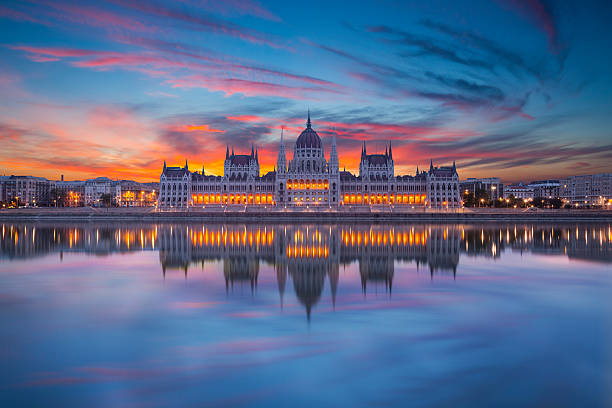 Looking at Hungarian parliament from across water at night stock photo