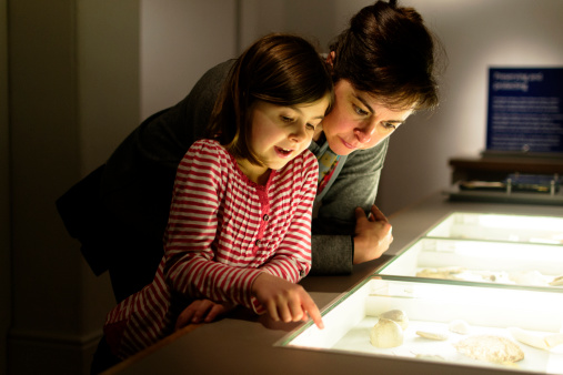 A woman and child looking at objects in a display