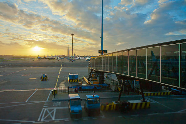 looking at the morning sun from airport gate - schiphol stockfoto's en -beelden