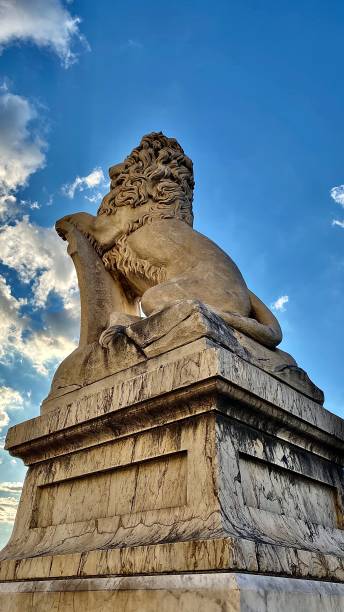 looking from behind at the arno river stone lion statue - pisa, tuscany, italy. stock photo
