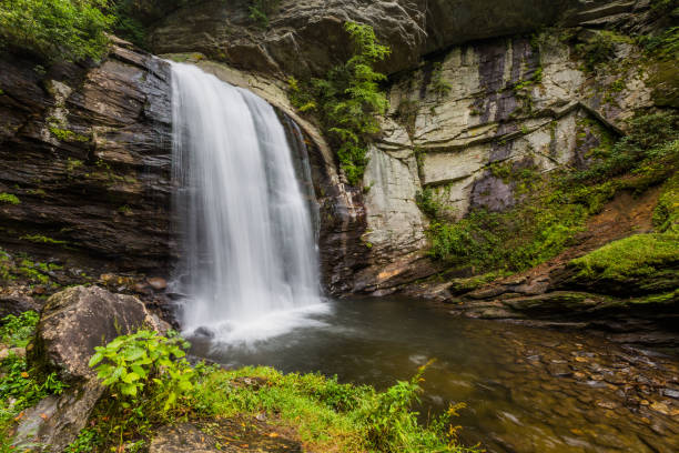 Looking Glass Waterfall in Summer in North Carolina stock photo