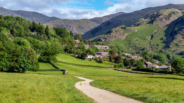 Looking over to Coniston Village and Coppermines Valley from a public footpath stock photo