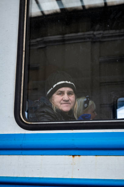 Looking through a train window in Lviv, Ukraine stock photo