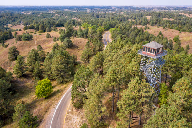 lookout tower in Nebraska National Forest lookout tower in Nebraska National Forest, aerial view of early fall scenery, travel concept fire lookout tower stock pictures, royalty-free photos & images