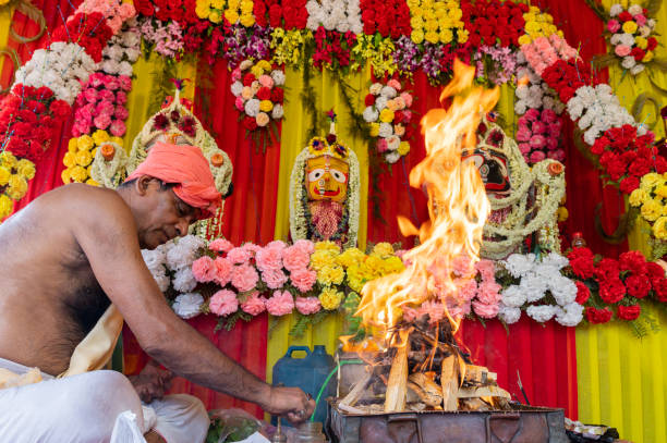 Lord Jagannath, Balaram and Suvodra, being worshipped, Ratha jatra festival, India stock photo