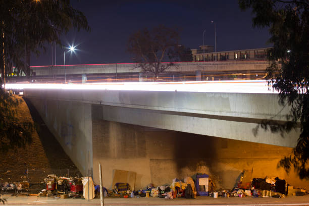 Los Angeles Homelessness A homeless encampment under a Downtown Los Angeles freeway. homelessness stock pictures, royalty-free photos & images