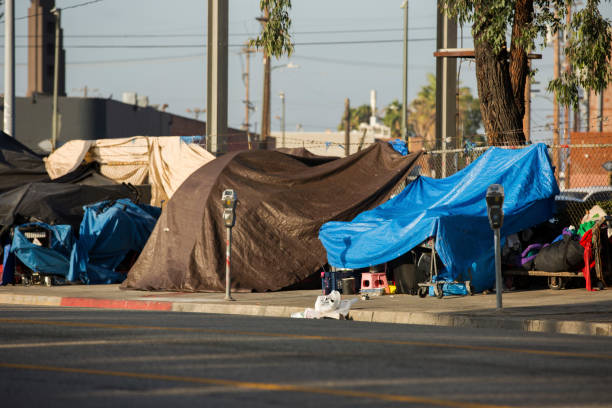 Los Angeles Homelessness View of the homeless encampments along Central Avenue in Downtown Los Angeles, California. poverty stock pictures, royalty-free photos & images