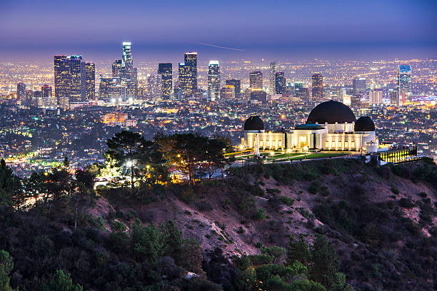 Los Angeles Griffith Obervatory and Downtown Los Angeles, California, USA skyline at dawn. observatory stock pictures, royalty-free photos & images